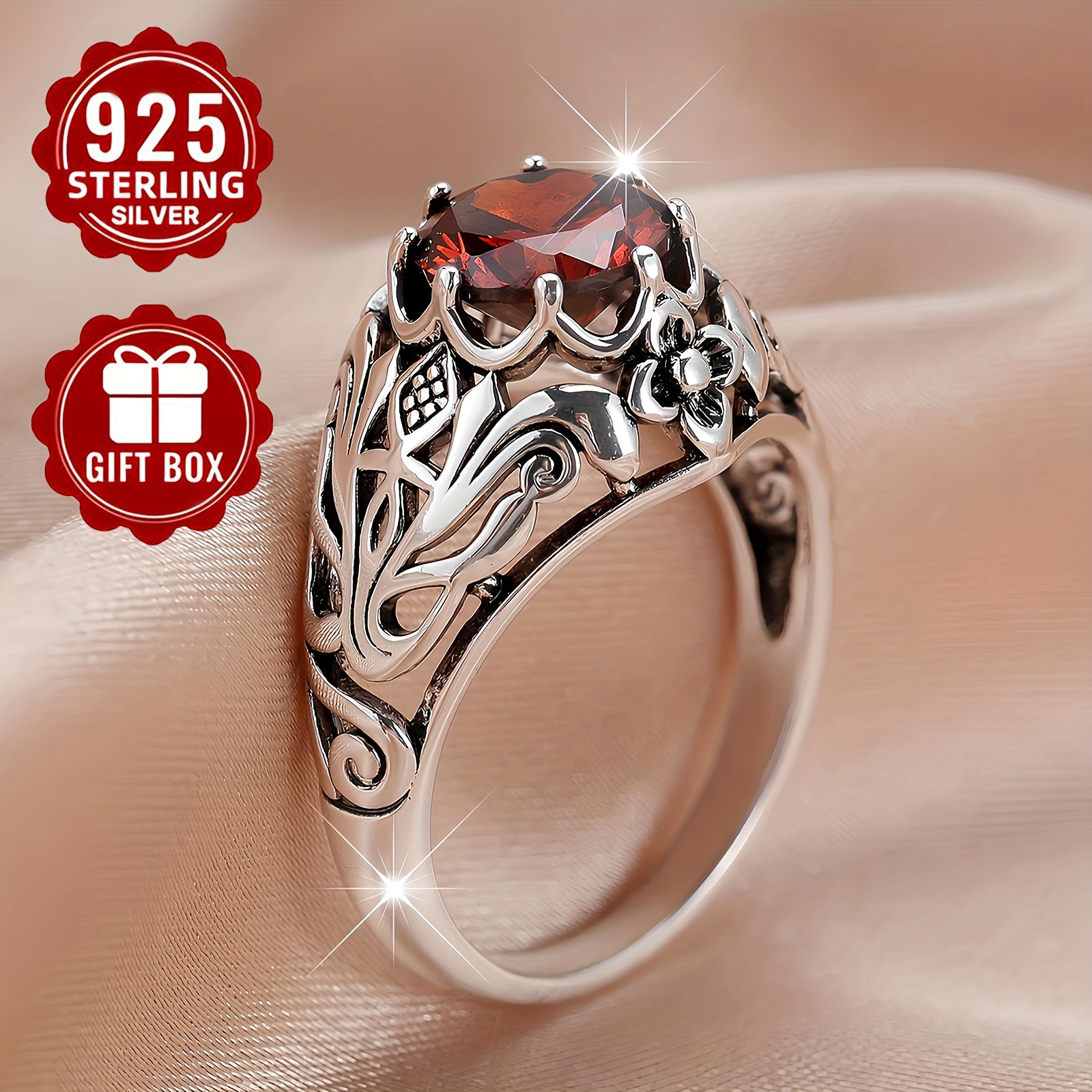 Vintage Floral Hollow Ring, Hypoallergenic Red Zirconia Ring